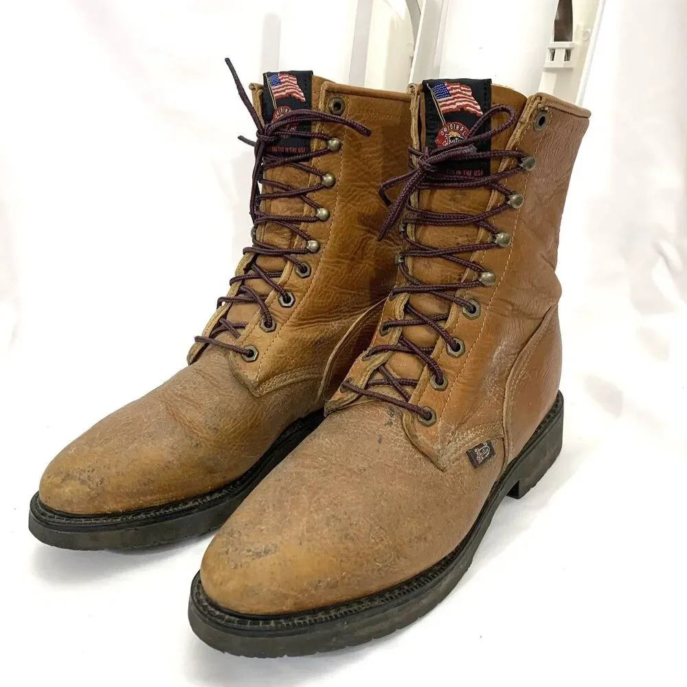 Justin Original Brown Leather 0762 Soft Toe Lace Up Work Boots Men’s Size 11 D